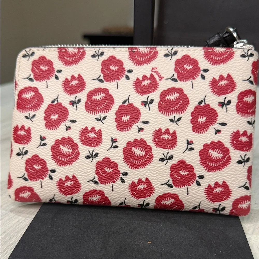 Coach Cream and Red Floral Wristlet